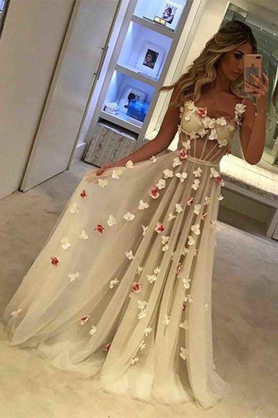 A-line Formal Prom Dress,Sexy Sleeveless Straps Evening Gowns with Flowers INE80