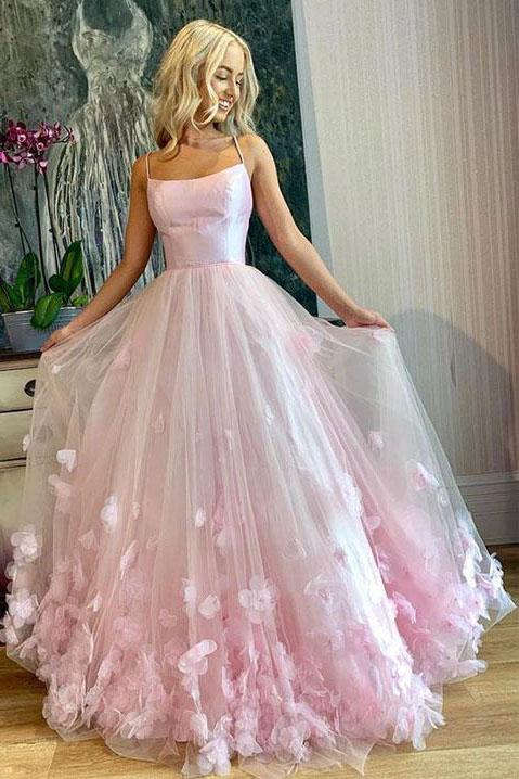 Light Pink Spaghetti Straps Long Prom Dresses, 3D Flowers Evening Dresses INQ85