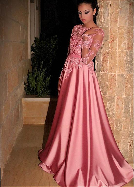 Gorgeous Satin Jewel A-Line Long Sleeves Pink Prom Dresses With Lace Appliques IN914