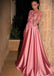 Gorgeous Satin Jewel A-Line Long Sleeves Pink Prom Dresses With Lace Appliques IN914