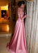 Gorgeous Satin Jewel A-Line Long Sleeves Pink Prom Dresses With Lace Appliques IN914