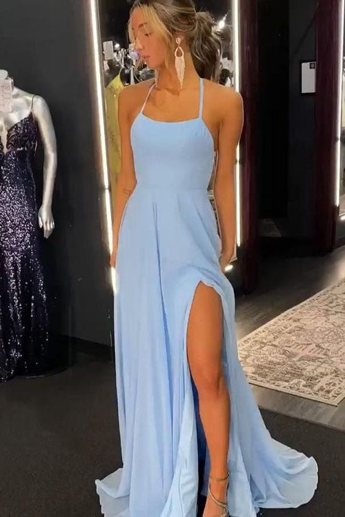 Sky Blue Chiffon Prom Dresses Halter Sheath Long Evening Party Dress IN1937