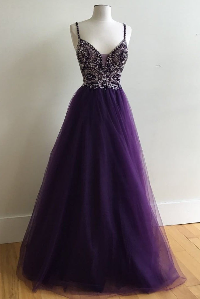 Purple A-Line Ball Gown Spaghetti Straps Tulle Long Prom Dress with Beading IN155