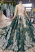 Green Long Sleeves Ball Gown Lace Prom Dress with Appliques, Long Prom Gown INP51