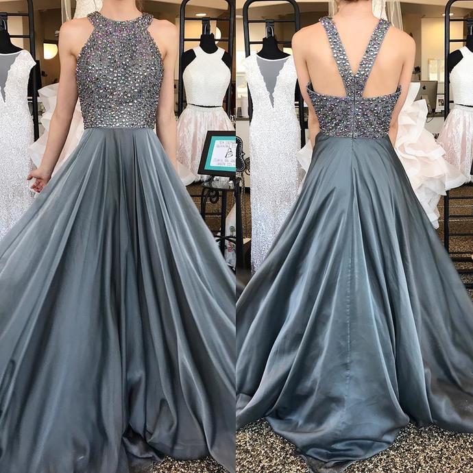 O Neck Beading A Line Long Cheap Prom Dresses Grey Evening Dress