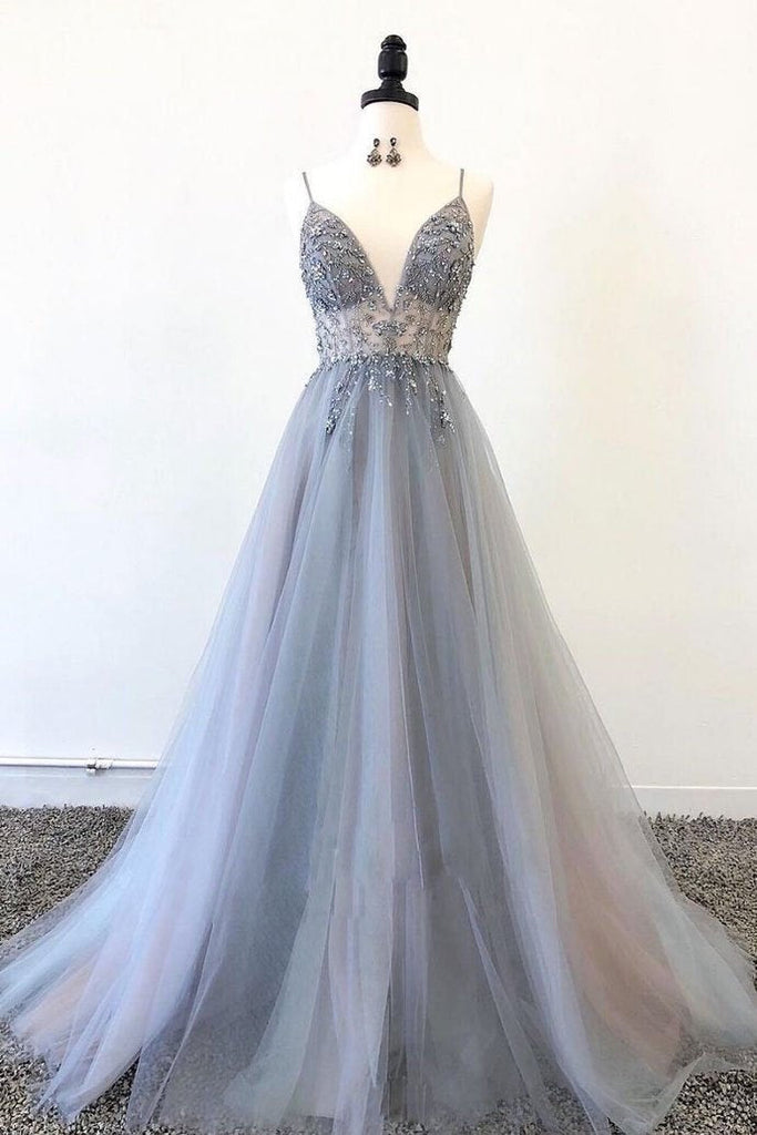 Gray Spaghetti Straps Beaded Tulle A Line Prom Dress Evening Party Dress INS52