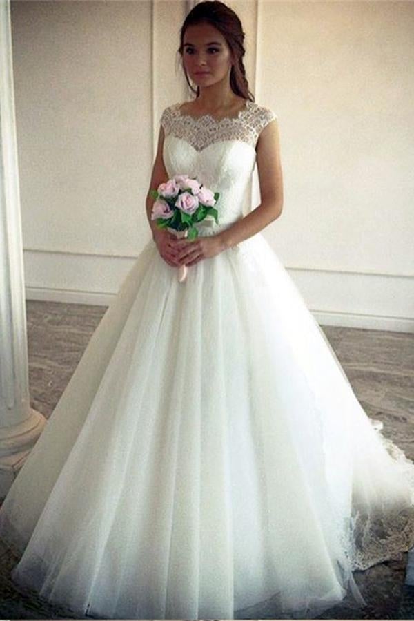 Vintage Lace Top Cap Sleeves Tulle Simple Ball Gown Wedding Dresses IND51