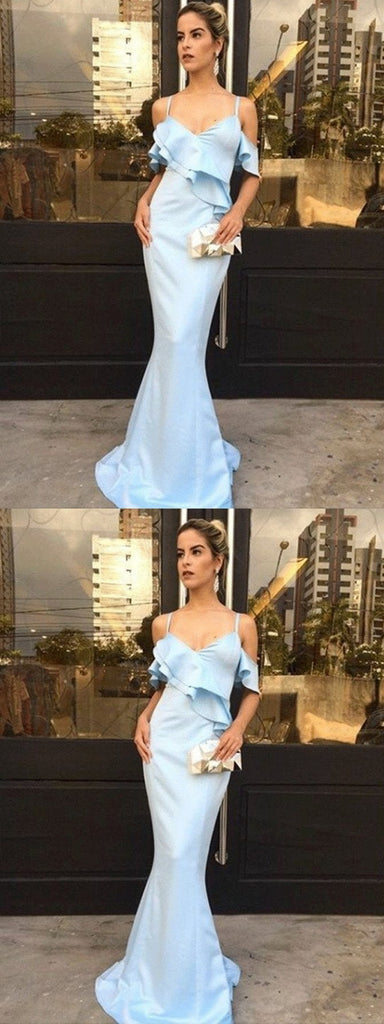 Mermaid Spaghetti Straps Light Blue Satin Long Prom Dress with Ruffles INF6