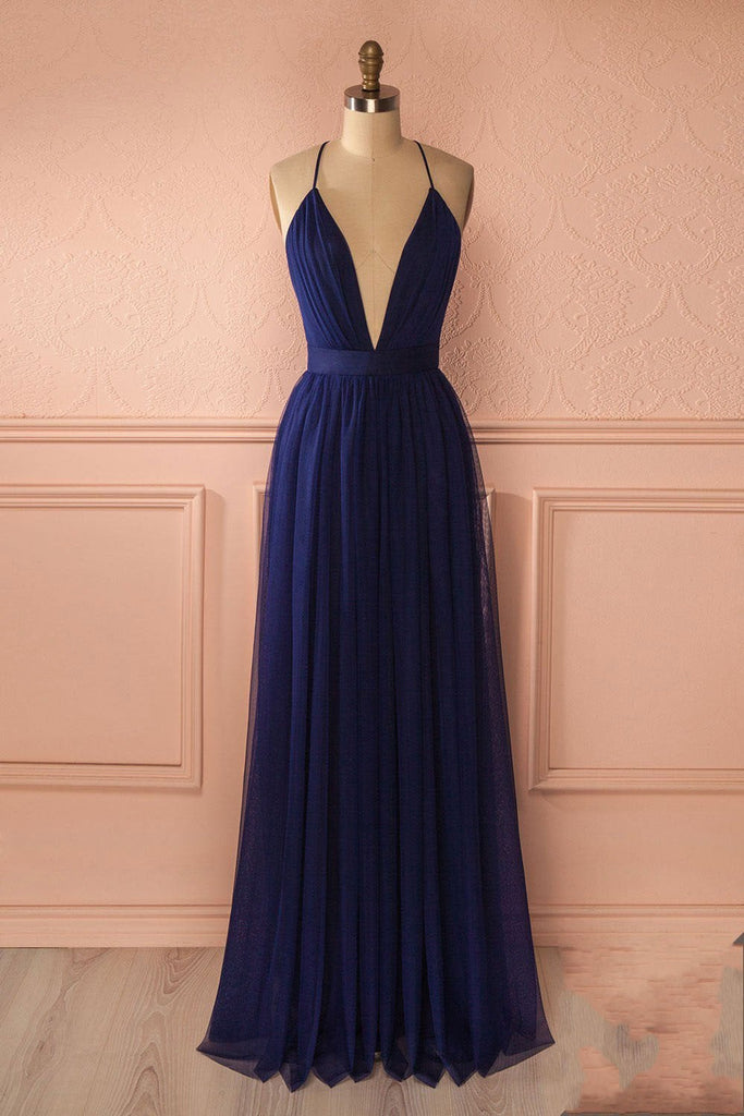 Sexy Navy V Neck Backless Prom Dress, Simple Long Evening Dress For Woman IN110