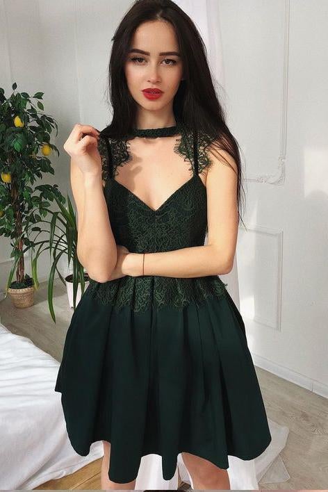 Dark Green A Line Satin Short Homecoming Dress with Lace INB41