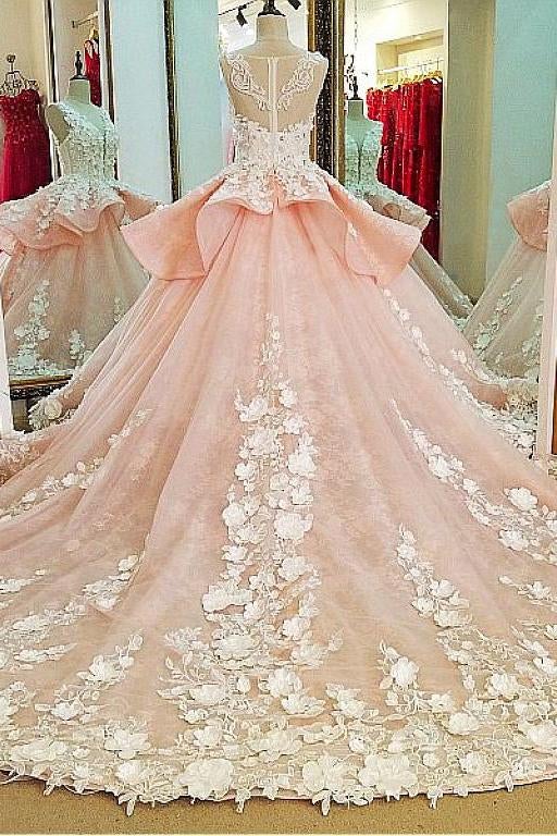 Tulle Lace Scoop Neckline Ball Gown Wedding Dress With Lace Appliques,Quinceanera Dresses IN619