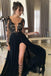 A-line Black Long Sleeve Chiffon Split Lace Prom Dress,stunning Sexy Long Evening Dresses IN149