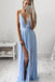 Sky Blue Chiffon Long V Neck Spaghetti Straps Simple Prom Dresses IND72