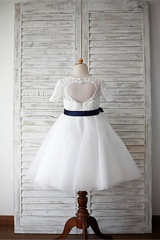 A-line Scoop 1/2 Sleeves Navy Sash Floor-Length Tulle Flower Girl Dresses IN726