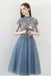 Blue A Line Tulle Short Sleeves High Neck Appliques Homecoming Dresses INC5