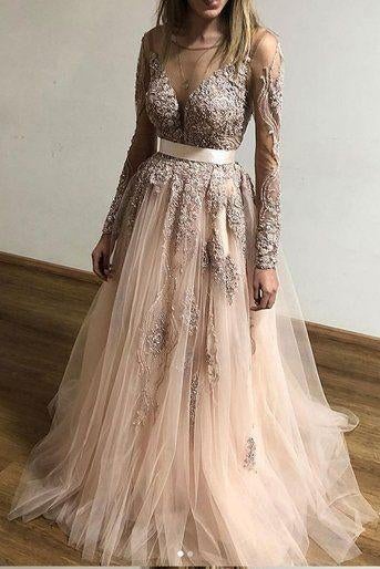 A Line Tulle Long Sleeves Appliques Cheap Prom Dresses INF61