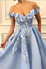 Blue Off Shoulder Flower Appliques A-line  Long Modest Beautiful Prom Dresses INH13