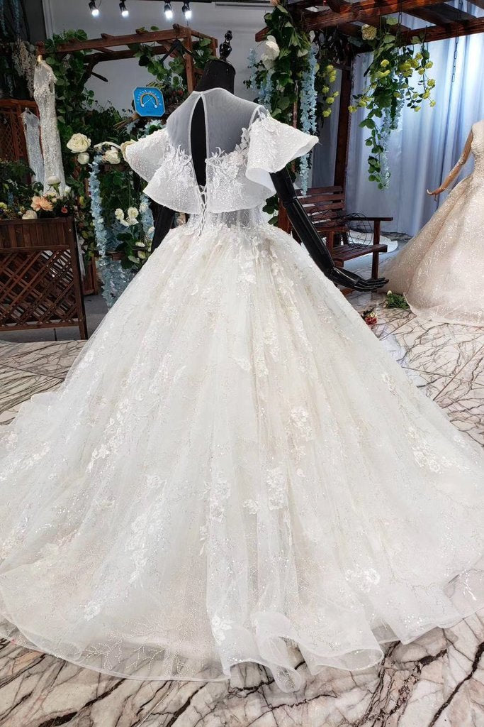 Elegant Ball Gown Big Wedding Dresses, Appliques Bridal Dress with Short Sleeves INN73