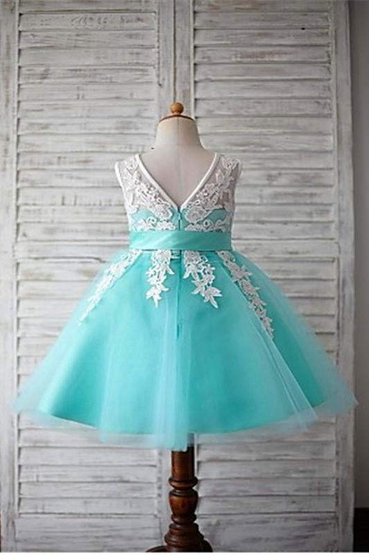 Blue Ball Gown Scoop Sleeveless Bowknot Floor-Length Tulle Appliques Flower Girl Dresses IN722