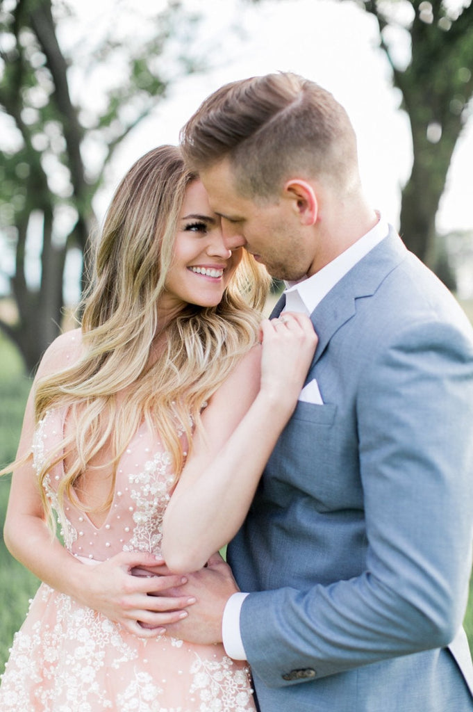 Blush Pink Long Tulle Appliques Wedding Dress With Cathedral Train,Prom Dresses IN904