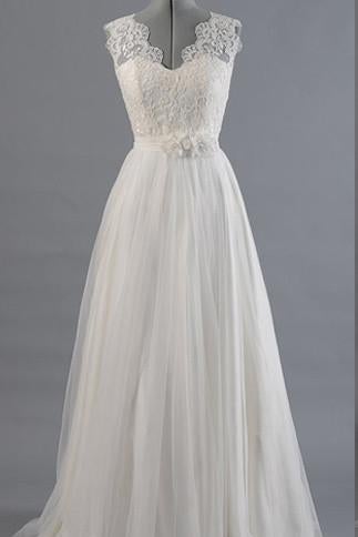 Princess A Line V Neck Ball Gown White Lace Tulle Wedding Dresses With Flowers Belt IN183