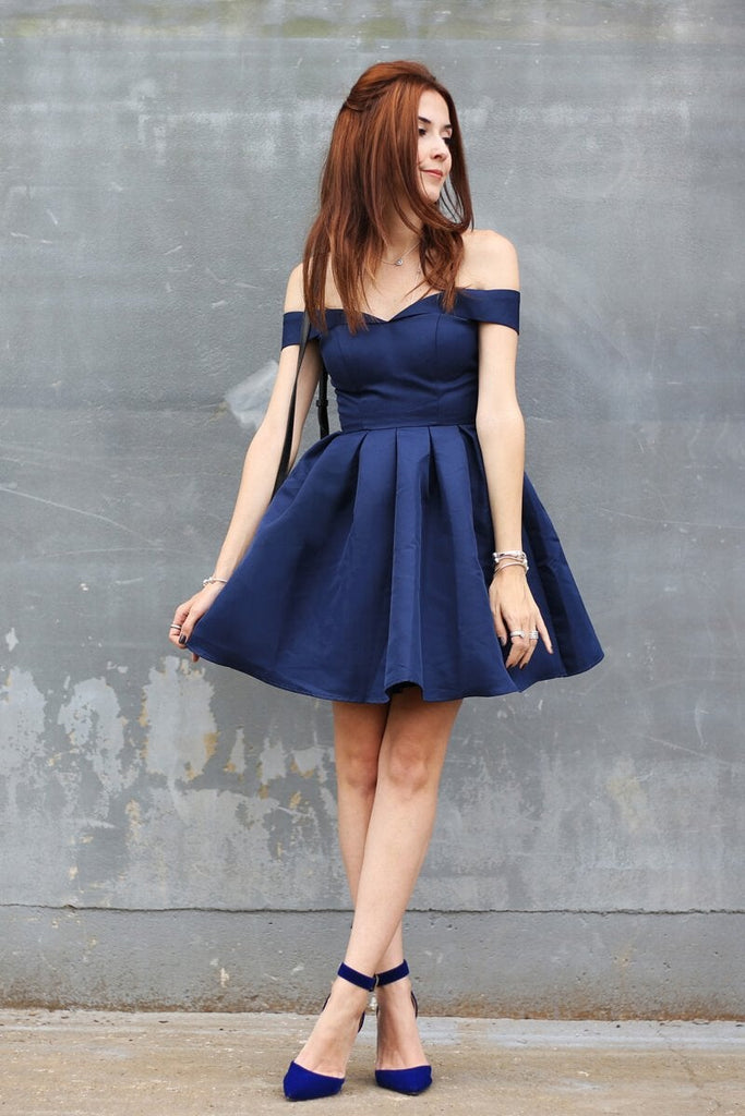 Simple Dark Blue Homecoming Dresses,A-line Homecoming Dresses,Off-The-Shoulder Homecoming Dresses,Satin Homecoming Dresses,Pleats Homecoming Dress