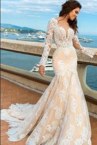 beautiful Lace Mermaid Deep V-Neck Backless Long Sleeves Backless Wedding Dresses IN773