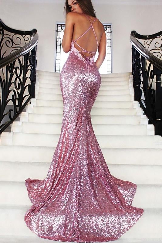 Charming Mermaid V-neck Spaghetti Straps Sleeveless Sequins Dresses INB96