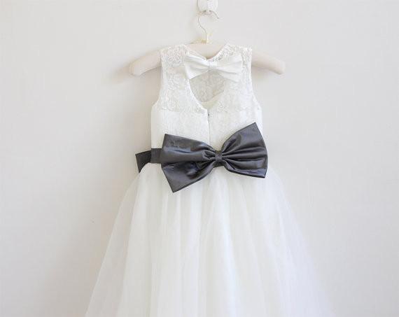 Light Ivory Lace Tulle Long Sleeveless Flower Girl Dress With Dark Grey Sash/Bows IN212