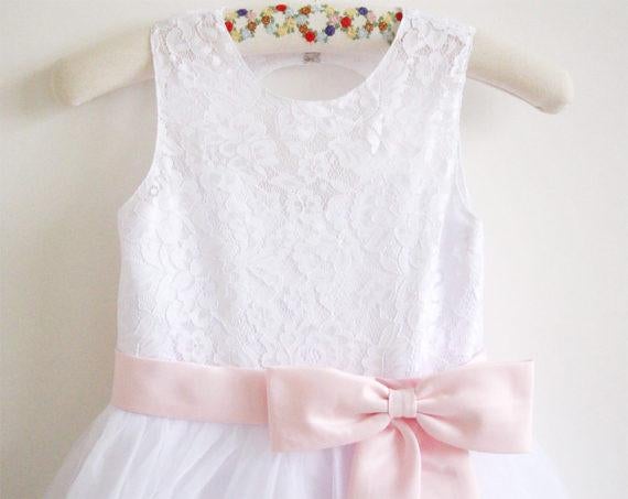 White Lace Flower Girl Dress Pink Sash Baby Girls Dress Lace Tulle White Flower Girl Dress IN210