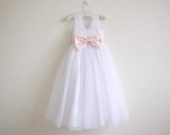 White Lace Flower Girl Dress Pink Sash Baby Girls Dress Lace Tulle White Flower Girl Dress IN210