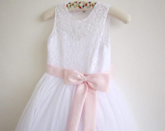 White Lace Flower Girl Dress Pink Sash Baby Girls Dress Lace Tulle White Flower Girl Dress IN210