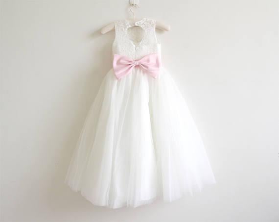 Ivory Lace Tulle Ivory Flower Girl Dress With Pink Sash/Bows Sleeveless Floor-length IN207