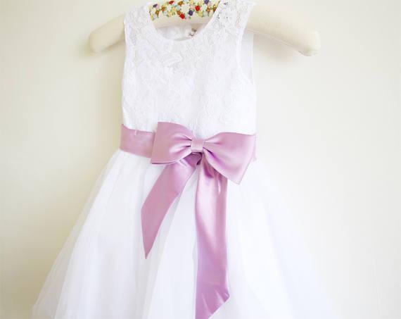 White Lace Lilac Baby Girls Dress, Tulle Flower Girl Dresses With Lilac Sash IN203