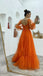 A Line Tulle Orange Long Sleeves Long Prom Dresses Long Evening Party Dresses IN1940