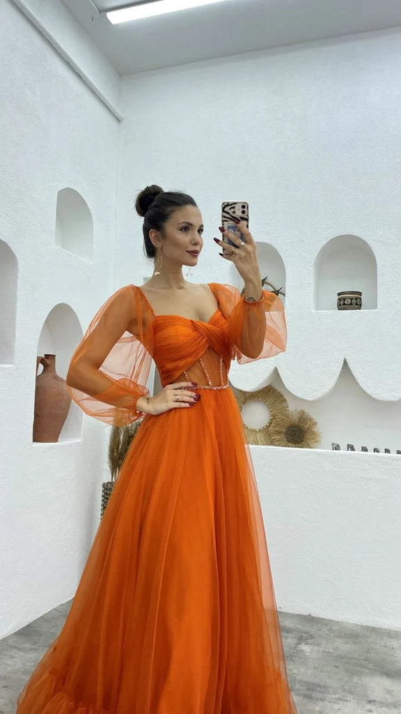 A Line Tulle Orange Long Sleeves Long Prom Dresses Long Evening Party Dresses IN1940