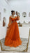 A Line Tulle Orange Long Sleeves Long Prom Dresses Long Evening Party Dresses IN1940