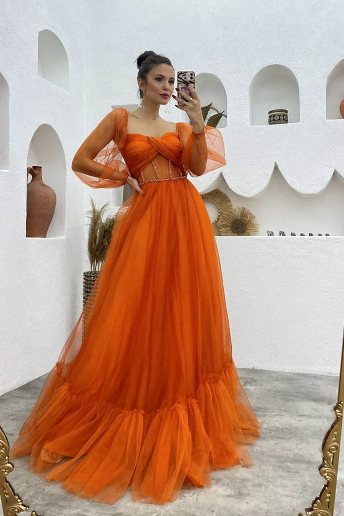 A Line Tulle Orange Long Sleeves Long Prom Dresses Long Evening Party Dresses IN1940