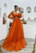 A Line Tulle Orange Long Sleeves Long Prom Dresses Long Evening Party Dresses IN1940