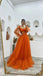 A Line Tulle Orange Long Sleeves Long Prom Dresses Long Evening Party Dresses IN1940