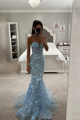 Light Blue Sweetheart Mermaid Long Prom Dresses Formal Evening Dresses IN2022