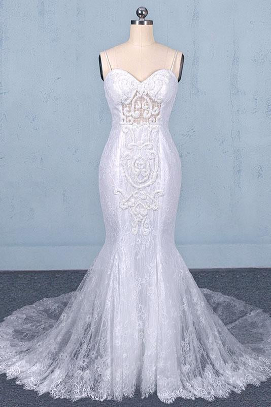 Mermaid Spaghetti Straps Lace Wedding Dress, Fashion Long Bridal Dresses INQ17