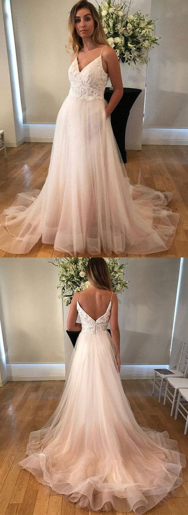 V-Neck Long Spaghetti Straps Prom Dresses,Simple Tulle A-Line Wedding Dresses INB95