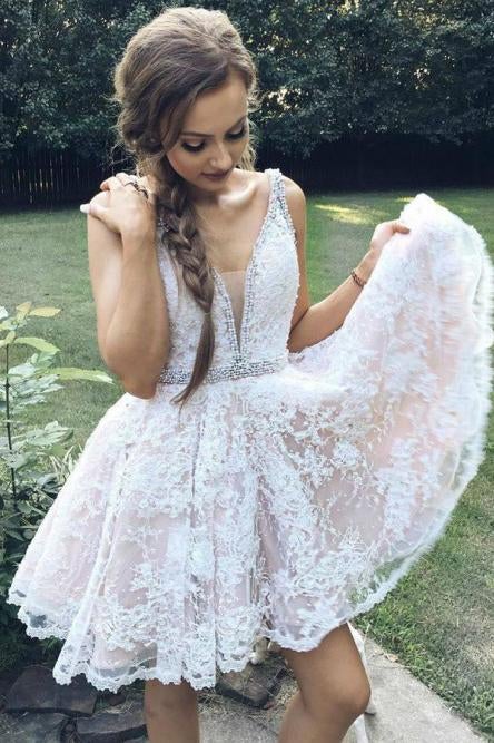 A-Line V-Neck Mini White Lace Homecoming Dress with Beading,Graduation Dresses INB17