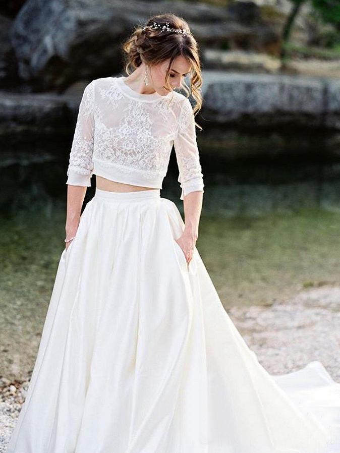 Ivory Lace Top Two Pieces Wedding Dresses Gorgegous  Sweep Train Wedding Gowns With Pockets INP84