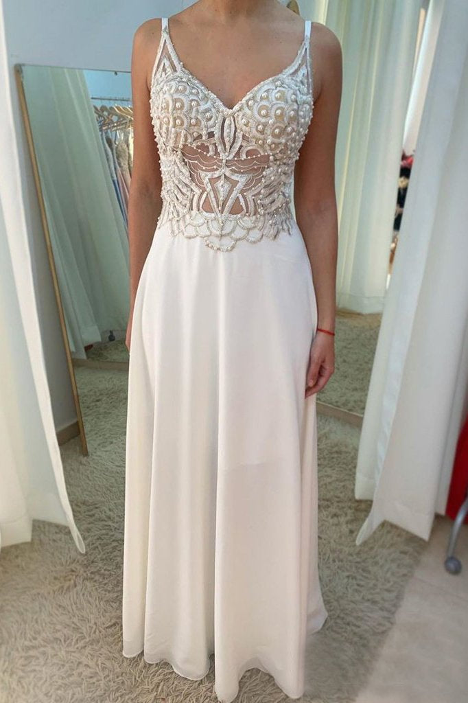 Ivory Chiffon See Through A Line V Neck Prom Dress With Beading INS83