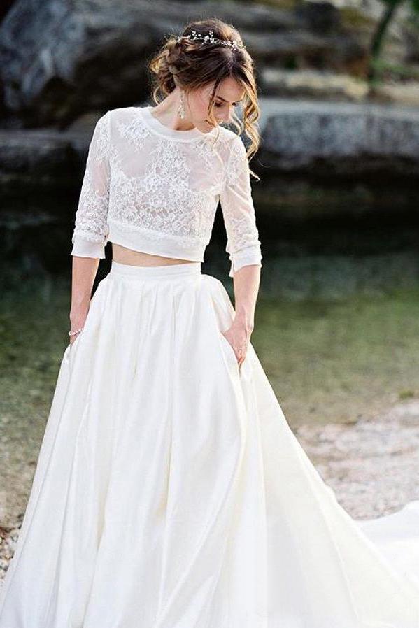 Ivory Lace Top Two Pieces Wedding Dresses Gorgegous  Sweep Train Wedding Gowns With Pockets INP84