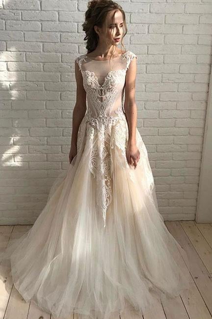 Elegant A Line Tulle Lace Long Prom Dresses,Unique Wedding Dress INE32