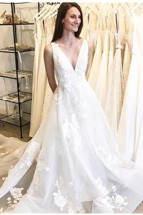 Cheap A-Line Deep V-Neck Backless Long Wedding Dress with Appliques INB61