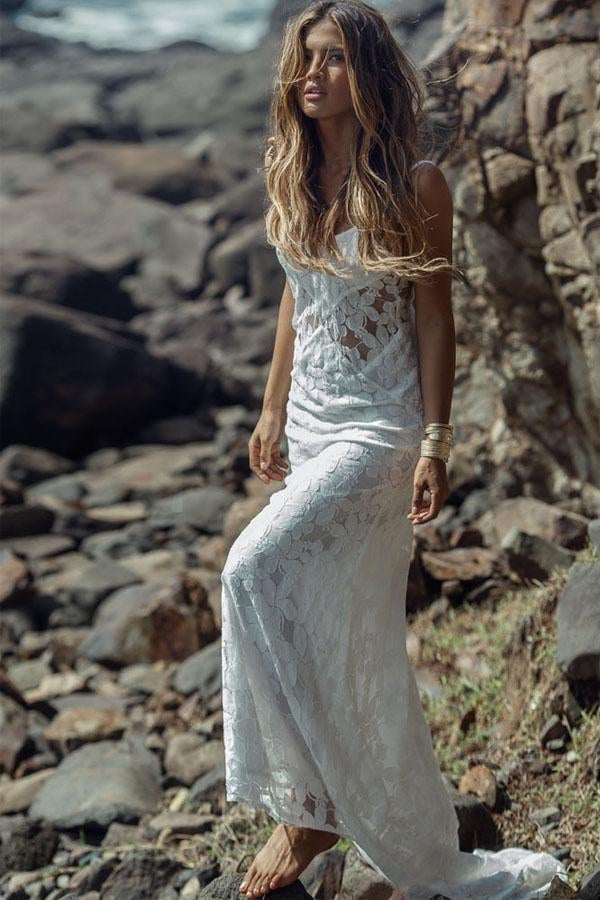 Summer Long Sheath Spaghetti Straps Lace Backless Beach Wedding Dresses IN532